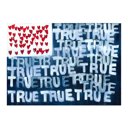 Red, White + True Flag indigo blue word art print by Kerri Rosenthal - Unique artwork for living room wall decor