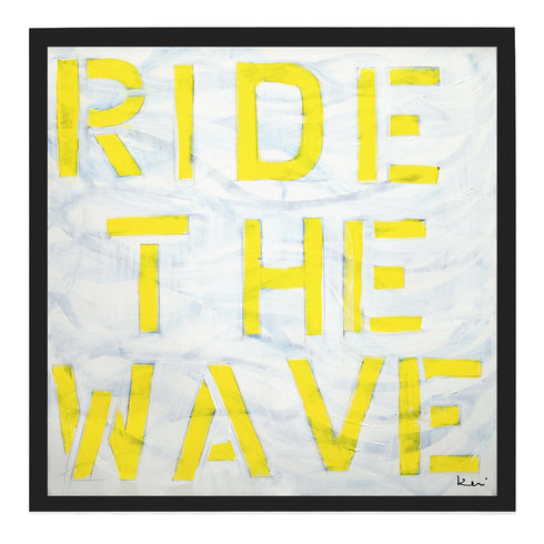 Ride The Wave white yellow word art print by Kerri Rosenthal - Unique artwork for living room wall decor