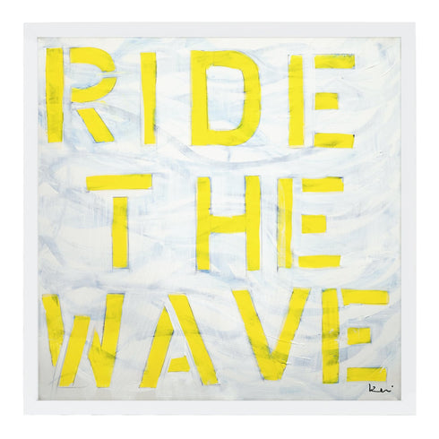 Ride The Wave white yellow word art print by Kerri Rosenthal - Unique artwork for living room wall decor