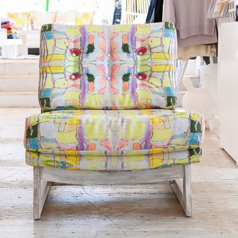 Colorful Right Or Wrong Citrine Romeo Chair KR Furniture Collection. Super comfortable oversized and armless accent chairs in linen fabric for modern casual home decor with cherry wood frame, bleached white by Kerri Rosenthal