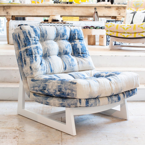 The Boyfriend's Jeans blue and white Romeo chair furniture comfortable oversized, armless accent chairs modern casual home decor Made in the USA Kerri Rosenthal chairs for living room
