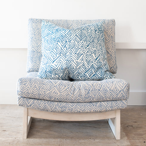 Jayney Dutch Blue Linen Romeo Chair KR Furniture Collection. Super comfortable oversized and armless accent chairs in linen fabric for modern casual home decor with cherry wood frame, bleached white by Kerri Rosenthal