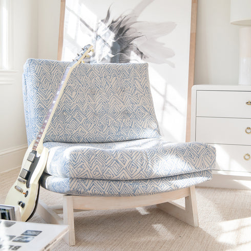 Jayney Dutch Blue Linen Romeo Chair KR Furniture Collection. Super comfortable oversized and armless accent chairs in linen fabric for modern casual home decor with cherry wood frame, bleached white by Kerri Rosenthal