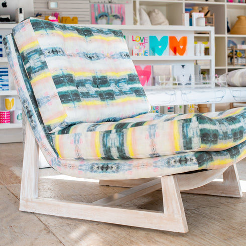 Lemonade Romeo Chair KR Furniture Collection. Super comfortable oversized and armless accent chairs in linen fabric for modern casual home decor with cherry wood frame, bleached white by Kerri Rosenthal