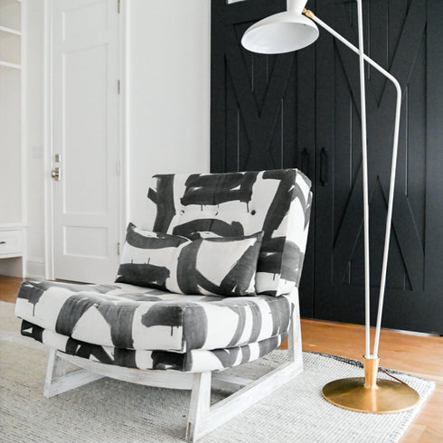 Madame black white Romeo Chair KR Furniture Collection. Super comfortable oversized and armless accent chairs in linen fabric for modern casual home decor with cherry wood frame, bleached white by Kerri Rosenthal