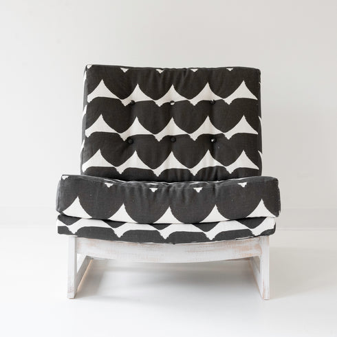 Black white Love Always black white Romeo Chair KR Furniture Collection. Super comfortable oversized and armless accent chairs in linen fabric for modern casual home decor with cherry wood frame, bleached white by Kerri Rosenthal