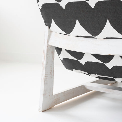 Black white Love Always black white Romeo Chair KR Furniture Collection. Super comfortable oversized and armless accent chairs in linen fabric for modern casual home decor with cherry wood frame, bleached white by Kerri Rosenthal