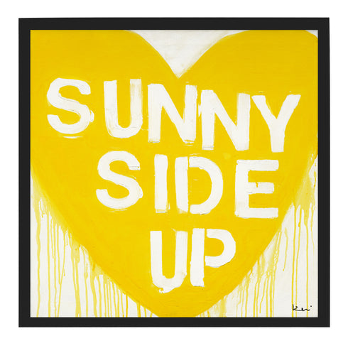 Sunny Side Up Drippy Heart yellow white word art print by Kerri Rosenthal - Unique artwork for living room wall decor