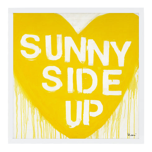Sunny Side Up Drippy Heart yellow white word art print by Kerri Rosenthal - Unique artwork for living room wall decor