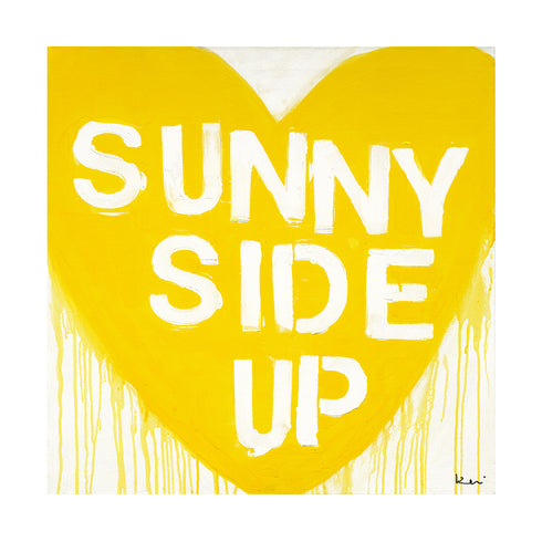 Sunny Side Up Drippy Heart yellow white word art print by Kerri Rosenthal - Unique artwork for living room wall decor