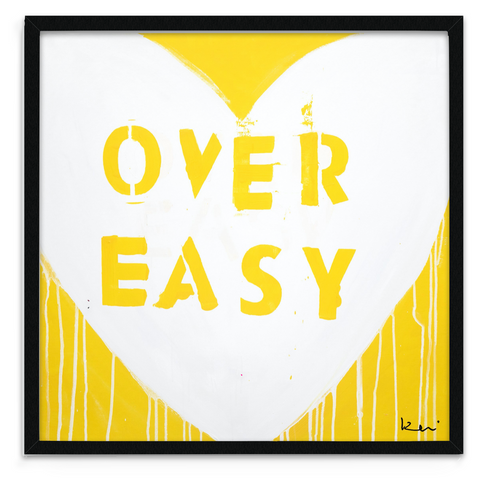 Love Over Easy Drippy Heart yellow white word art print by Kerri Rosenthal - Unique artwork for living room wall decor