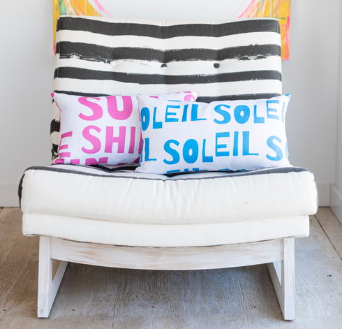 White ground with pop pink Sunshine cute throw pillows by Kerri Rosenthal