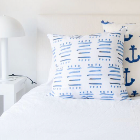 White ground with indigo blue stripes cute decorative boho throw pillows by Kerri Rosenthal