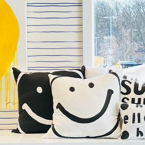 White carbon black Mr. Smiley Reverse cute decorative throw pillows by Kerri Rosenthal
