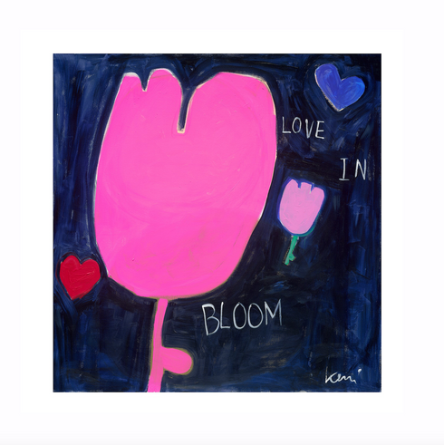 Love In Bloom navy blue and pink art print by Kerri Rosenthal - Unique artwork for living room wall decor
