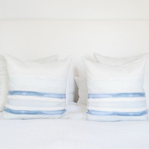 White ground with sky blue Nikki cute decorative throw pillows by Kerri Rosenthal
