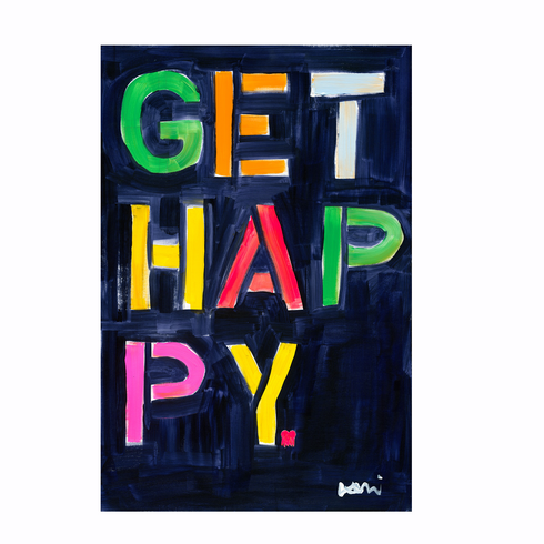 Get Happy wall word art original artwork inspired home interior for modern living spaces by Kerri Rosenthal