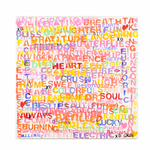 Love Bomb wall word art original artwork inspired home interiors by modern living spaces by Kerri Rosenthal