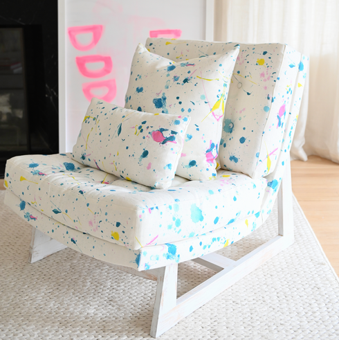 Colorful Drop Cloth Romeo Chair KR Furniture Collection. Super comfortable oversized and armless accent chairs in linen fabric for modern casual home decor with cherry wood frame, bleached white by Kerri Rosenthal