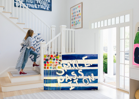 Smile Pass It On indigo blue word art print by Kerri Rosenthal - Unique artwork for living room wall decor