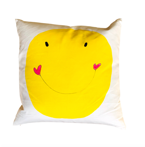 White ground with yellow sunshine Smiley throw pillows by Kerri Rosenthal