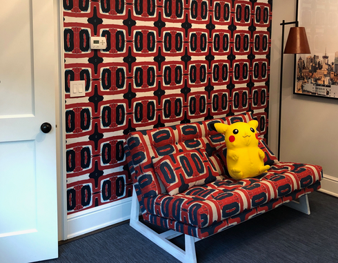 Robo Har Geranium red blue colorful cotton and oyster linen fabric - Kerri Rosenthal