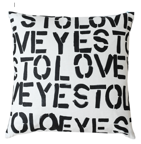 White ground with black carbon Yes To Love throw pillows by Kerri Rosenthal
