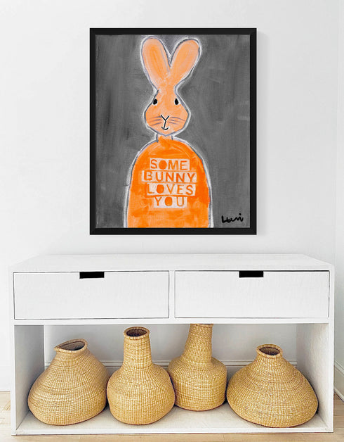 Some Bunny Loves You Taupe art print by Kerri Rosenthal - Unique artwork for living room wall decor