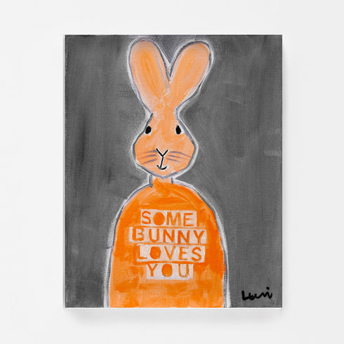 Some Bunny Loves You Taupe art print by Kerri Rosenthal - Unique artwork for living room wall decor