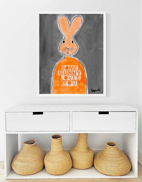 Some Bunny Loves You Taupe art print by Kerri Rosenthal - Unique artwork for living room wall decor