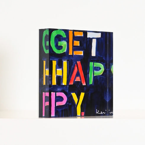 Get Happy Block of Love Multi by Kerri Rosenthal. Blocks of Love are signed, mini editions of Kerri Rosenthal's word artwork mounted on 3/4" plexiglass acrylic block.
