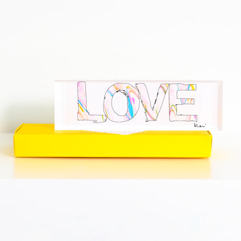 Blocks of Love are signed, mini editions of Kerri Rosenthal's artwork mounted on 3/4" plexiglass. Kerri uses them to style a coffee table, night stand or book shelf.