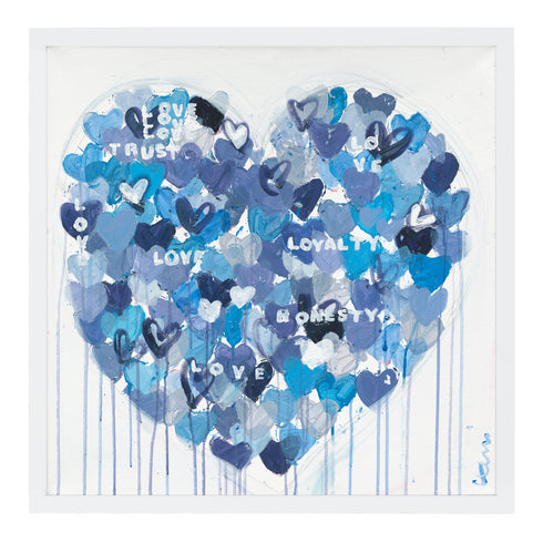 Too True To Be Blue Drippy Heart indigo blue word art print by Kerri Rosenthal - Unique artwork for living room wall decor