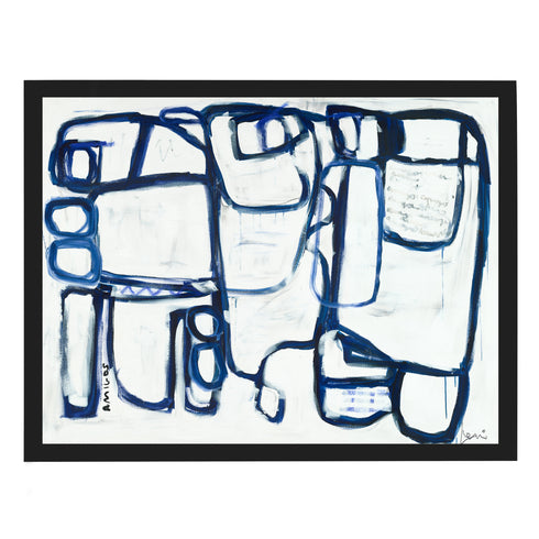 2 Amigos Art Print is a white ground indigo blue modern abstract original artwork contemporary wall art black framed home decor by Kerri Rosenthal