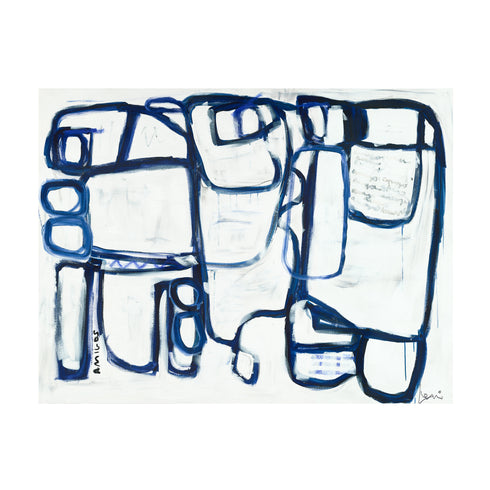 2 Amigos Art Print is a white ground indigo blue modern abstract original artwork contemporary wall art by Kerri Rosenthal