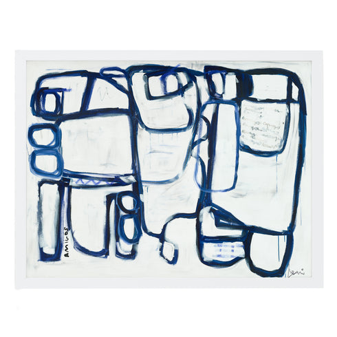 2 Amigos Art Print is a white ground indigo blue modern abstract original artwork contemporary wall art white framed home decor by Kerri Rosenthal