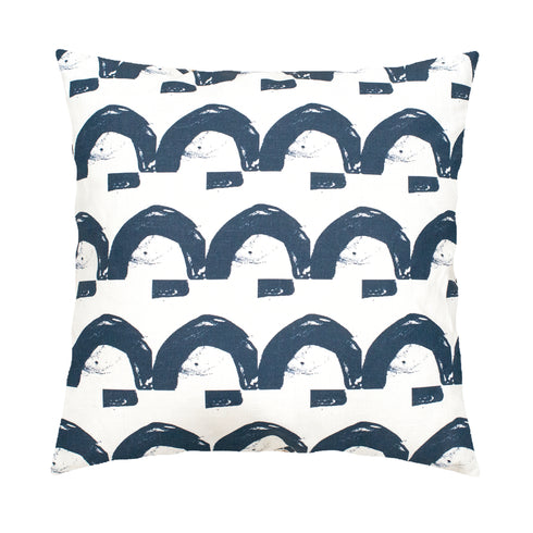 White ground with Indigo blue Happy Land square decorative throw pillows by Kerri Rosenthal