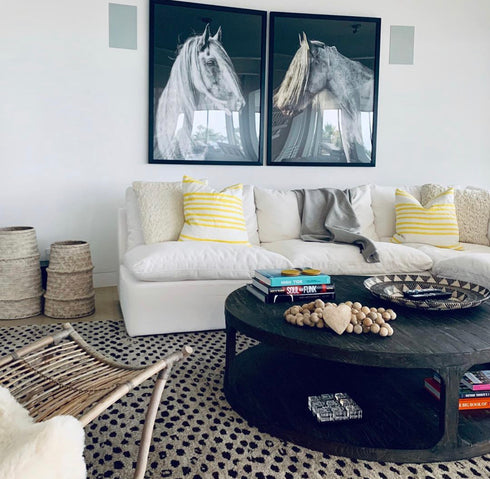 White ground with yellow Stripe on Stripe sunshine cute decorative throw pillows on couch by Kerri Rosenthal