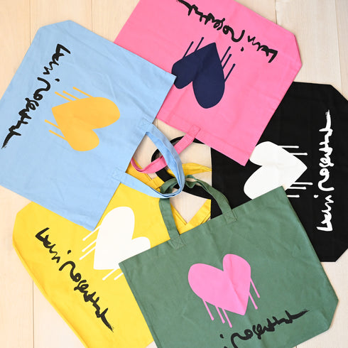 Colorful yellow drippy heart tote bag 100% cotton - Cute designer totes by Kerri Rosenthal