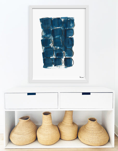 Faces Indigo blue Art Print by Kerri Rosenthal - Unique artwork for living room decor