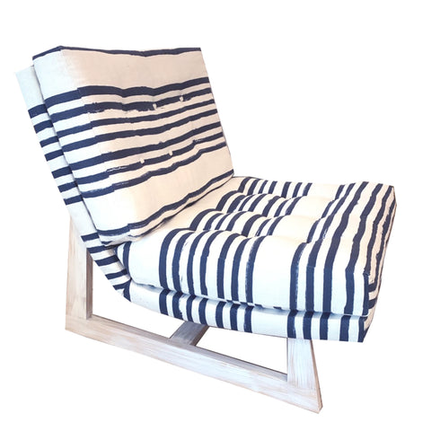 Stripe On Stripe linen Romeo Chair KR Furniture Collection. Super comfortable oversized and armless accent chairs in linen fabric for modern casual home decor with cherry wood frame, bleached white by Kerri Rosenthal