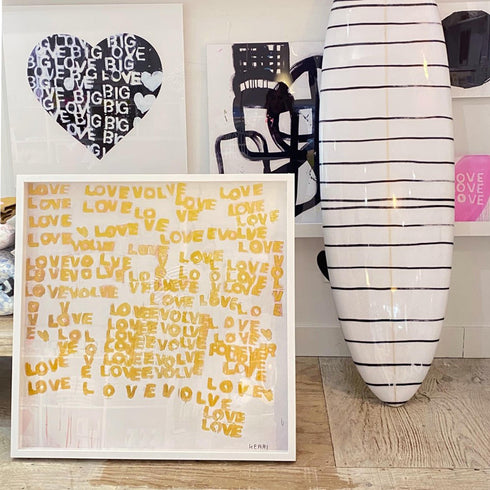 The Evolution Of Love yellow golden word art print by Kerri Rosenthal - Unique artwork for living room wall decor