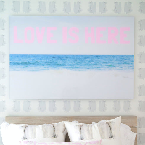 Love Is Here Beach blue pink horizontal word art print by Kerri Rosenthal - Unique artwork for living room wall decor