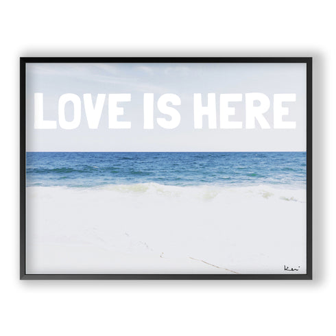 Love Is Here Beach - White blue horizontal word art print by Kerri Rosenthal - Unique artwork for living room wall decor