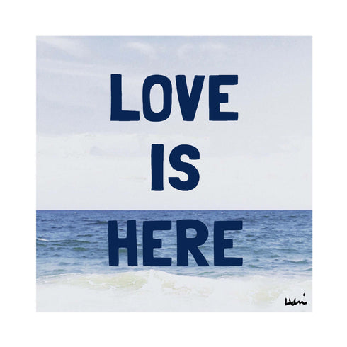 Love Is Here Beach Square Art Print Wall Word Art Framed Artwork Navy inspired home interior for modern living spaces by Kerri Rosenthal