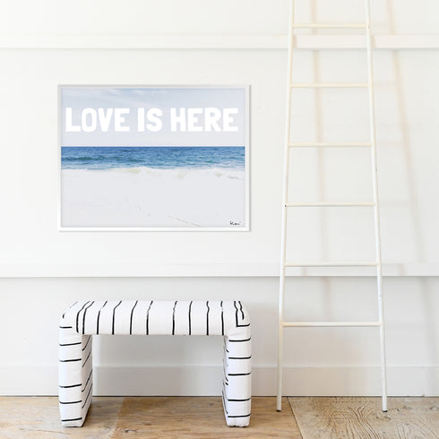 Love Is Here Beach - White blue horizontal word art print by Kerri Rosenthal - Unique artwork for living room wall decor