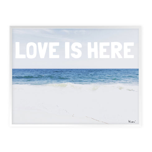Love Is Here Beach - White blue horizontal word art print by Kerri Rosenthal - Unique artwork for living room wall decor