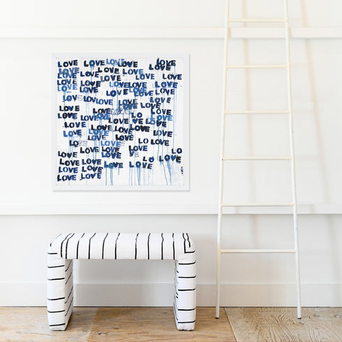 Love Letters Blues indigo blue art print by Kerri Rosenthal - Wall word art framed unique artwork for living room wall decor