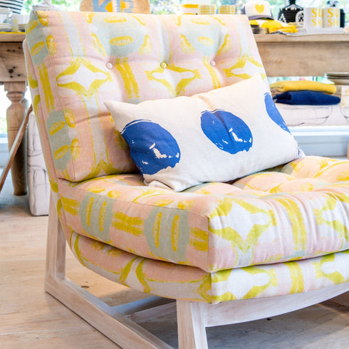 Colorful Maliouhana Romeo Chair KR Furniture Collection. Super comfortable oversized and armless accent chairs in linen fabric for modern casual home decor with cherry wood frame, bleached white by Kerri Rosenthal