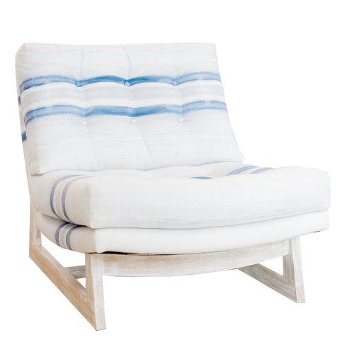 White blue stripe Nikki Romeo Chair KR Furniture Collection. Super comfortable oversized and armless accent chairs in linen fabric for modern casual home decor with cherry wood frame, bleached white by Kerri Rosenthal